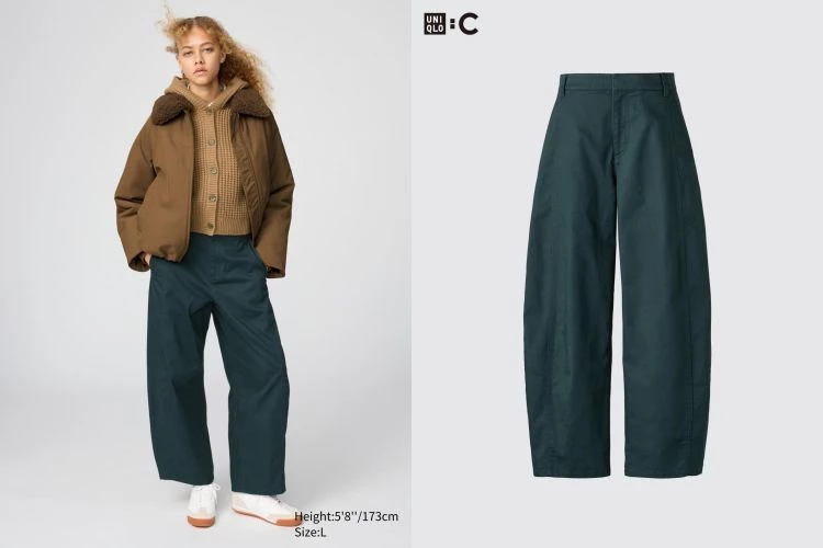 這款來自Uniqlo : C系列的繭型九分褲，相對寬大的版型讓這件褲子一穿上就自帶氣場，線條蓬而不亂，走動時還會帶出微幅搖曳的量感。