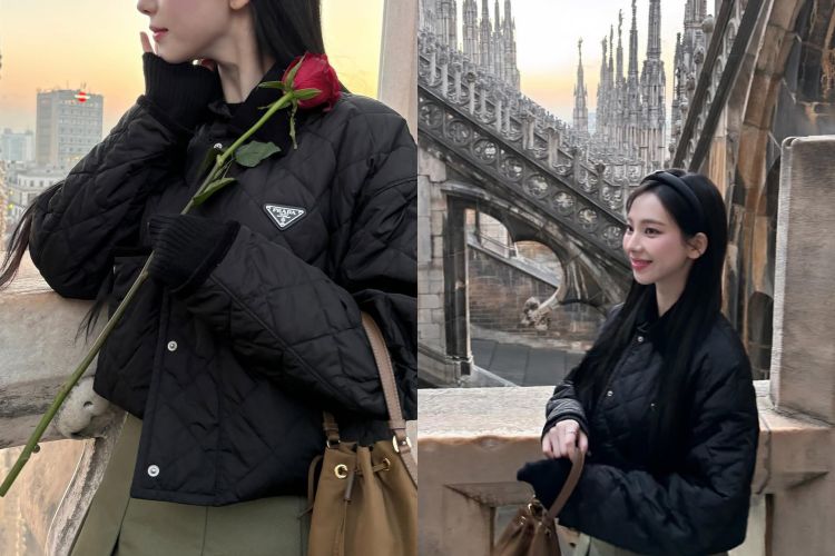 這套造型裡，Karina換上的是Prada黑色菱格羽絨外套，風格轉向優雅、低調卻極具辨識度的公式。