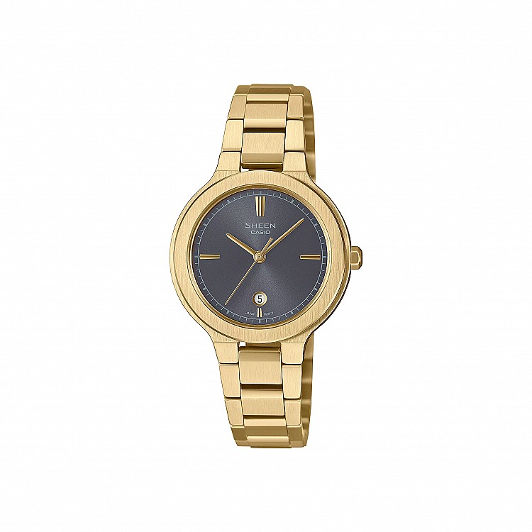 Sheen 是 Casio 專為女性打造的時尚系列，這款 SHE-4559G-8A 以灰金撞色打造出如時裝伸展台般的都會感。六點鐘的小日期窗與抗刮藍寶石玻璃，讓實用功能與設計兼備。