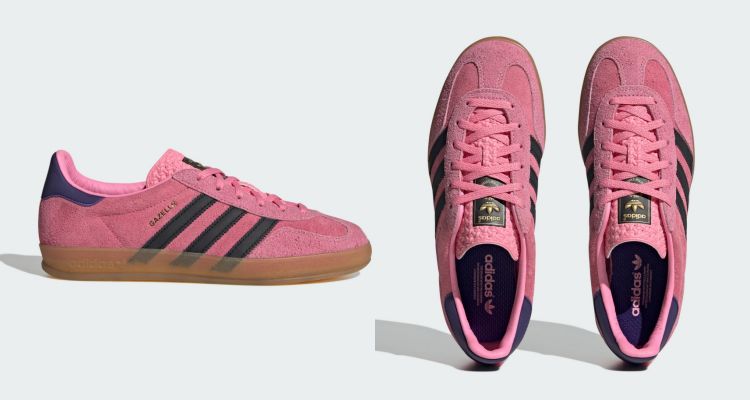 adidas Gazelle最初源自足球鞋設計，如今已成為街頭時尚中的經典代表，這款復刻自1991 年的標誌性版本，以細緻絨面革鞋身呈現，粉色調搭配對比色三條紋，保留復古輪廓之餘，也多了一分輕快活力。