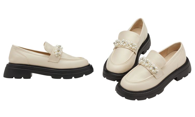 Grace Gift與網紅小貓攜手推出全新聯名系列，以珍珠與水鑽點綴經典樂福鞋，圓潤楦頭讓甜美與率性在腳下悄然融合。