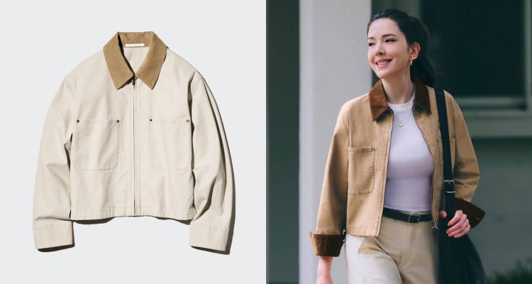 短版剪裁搭配硬挺棉質面料，保留工裝特有的結構感，領口與袖口採用燈芯絨異材質拼接，是整件的視覺亮點，捲袖造型更能露出細節，增加層次感。