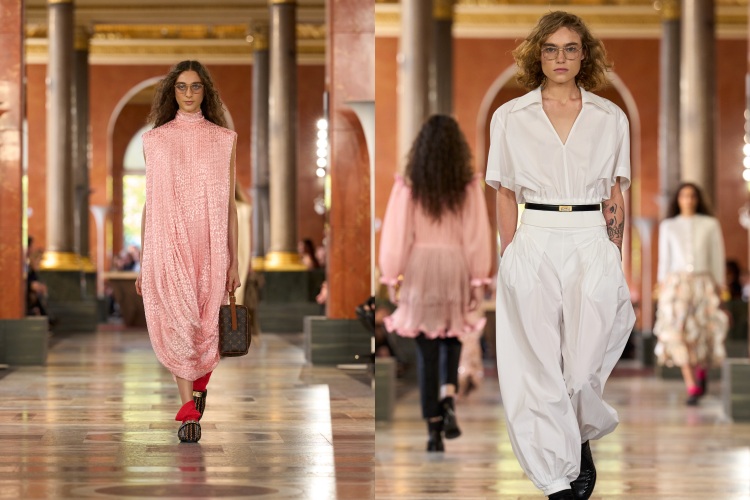 Louis Vuitton 2026春夏系列,Nicolas Ghesquière將靈感回溯至17世紀王后安妮的夏季行宮,將當時的起居服──睡衣、浴袍、蕾絲長裙,透過精緻材質與誇張比例,從家中室內升級為伸展台上的高級時裝。