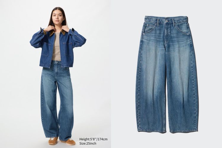 牛仔繭型褲主打的是穿上就有精神的高腰線條，讓腰腹更乾淨俐落。外側微微外開的弧形褲管，走起路來帶點自然擺動的量感，不但顯腿細，也比一般直筒多了點個性。