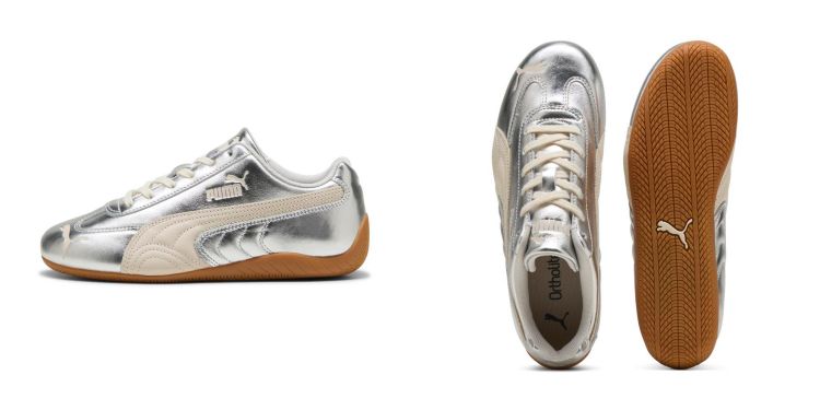 Puma Speedcat最初源自賽車鞋設計，低鞋身與薄底結構強調貼地腳感與靈活度。這款 Silver Wns以金屬感銀色皮革打造鞋面，搭配流線型側邊線條與經典膠底，運動語彙在亮面材質下轉化為造型亮點，也難怪成為Karencici上腳示範的話題鞋款！