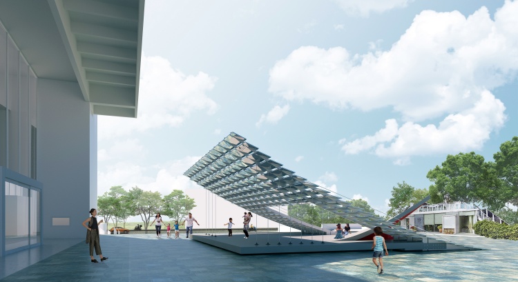 2026 年 X-site 首獎由做白工作室的《鏡・亭・山：相看兩不厭》獲得，作品以「鏡、亭、山」為核心概念，結合 TFAM 廣場既有蛇紋石地坪語彙，透過局部揭示地面水平線條，創造多層次交疊空間。