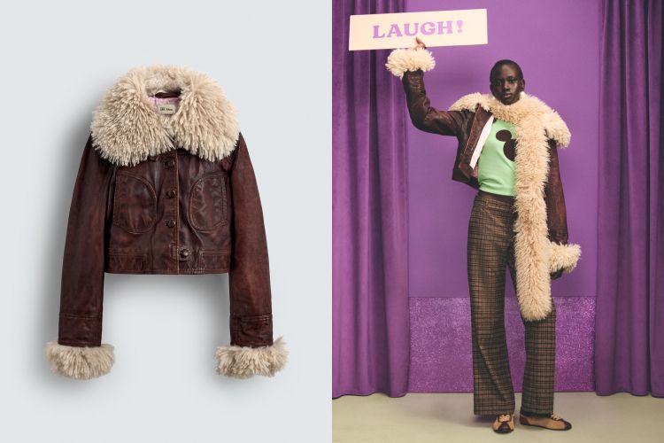 由Harry Lambert操刀、Zara × Disney聯名的短版真皮拼接夾克，以麂皮與毛絨異材混搭復古飛行員的夾克輪廓。