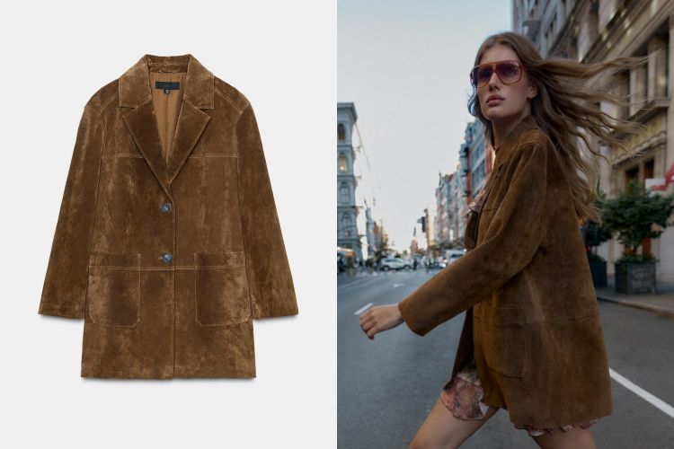 這款真皮外套以柔潤麂皮材質呈現復古棕調，表面微帶刷色質感，視覺溫暖、觸感乾爽細膩。