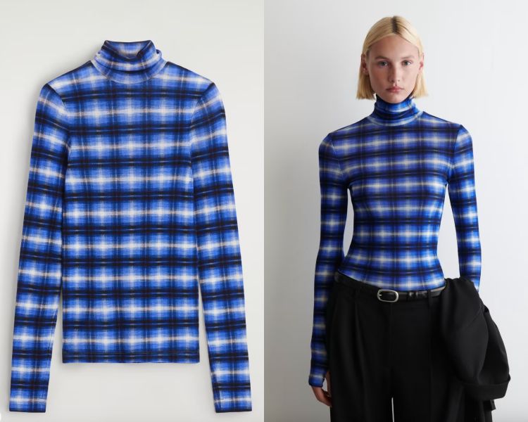 以柔軟美利奴羊毛打造，帶有細緻光澤與彈性貼合的修身剪裁，展現俐落曲線。藍白格紋如水墨暈染般層次分明，為秋冬造型注入一抹鮮明色調。