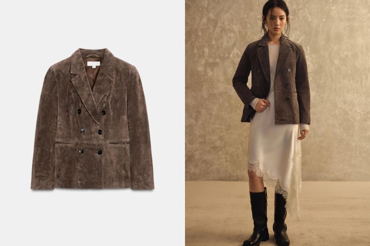 100%真皮西裝外套走的是低調奢華風，柔霧感的深棕色皮革帶出厚實質感，搭配翻領與俐落墊肩，撐起一個既乾淨又有力量的線條。