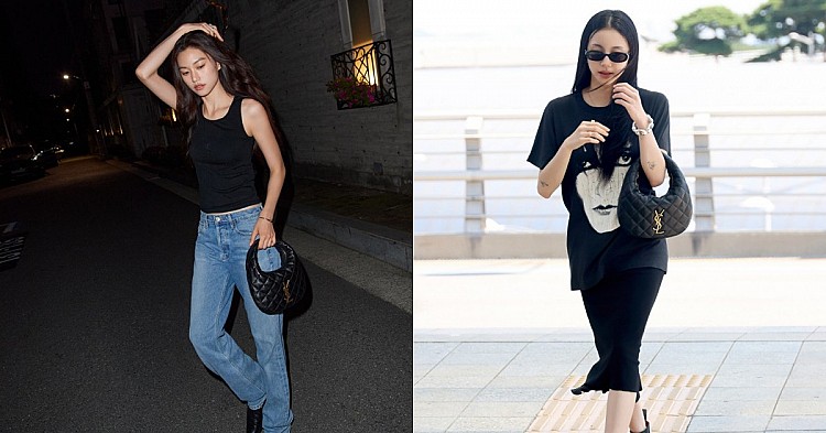Twice彩瑛（右）的機場街拍中以短版上衣與丹寧短褲混搭，展現甜美與帥氣兼具的風格。金度延（左）則演繹黑色款的街頭風格。