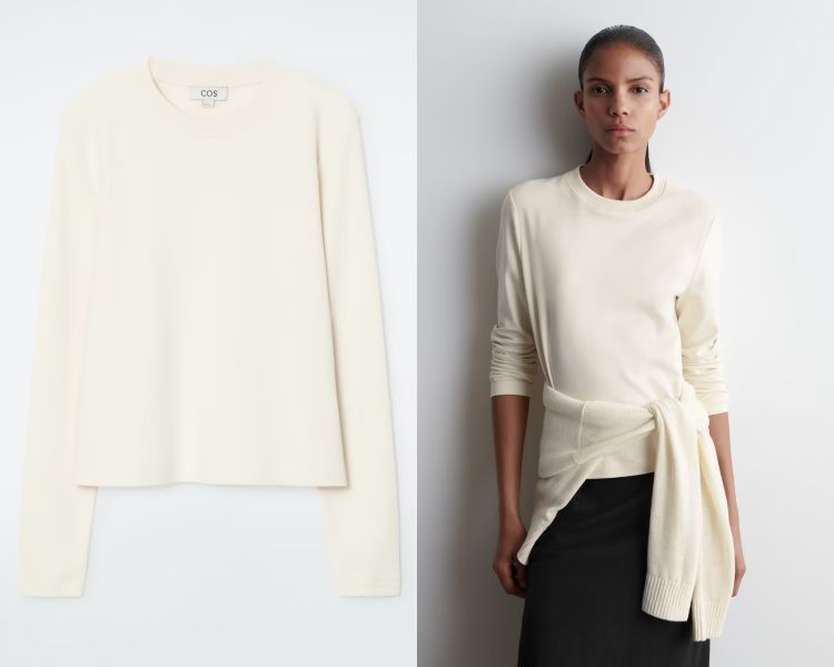 使用細密棉質面料精製而成，這款長袖T恤觸感柔軟、質地細膩，展現自然垂墜的流暢線條。