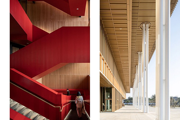 新總館位於永康區，醒目的大紅迴旋梯連結台南名人堂展示，融合台日風格的建築，是知識殿堂，也是城市文化與建築美學的完美結合。