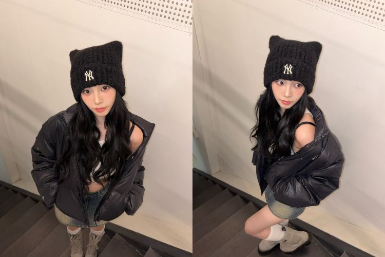 這一套Karina則換上黑色羽絨外套，整體風格明顯更偏向冷調街頭感。