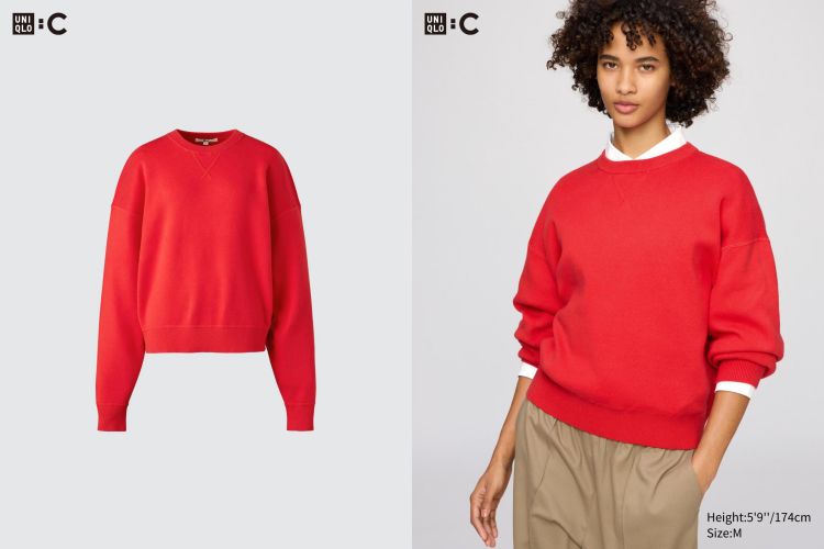 這款來自Uniqlo C系列的紅色針織衫，以100%純棉材質打造，穿上身的觸感柔軟、不刺膚，很適合直接單穿。