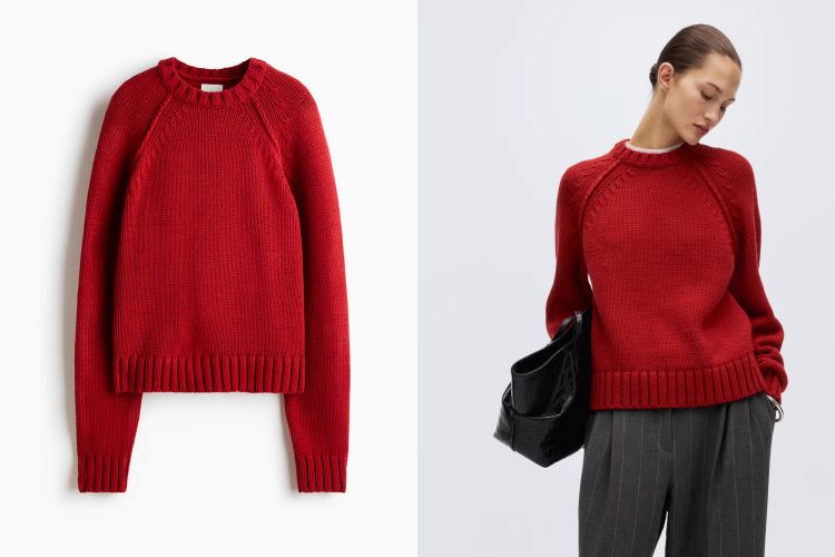 這款H&M紅色套頭針織衫以外露縫線作為設計亮點，簡約輪廓加入一點率性態度。插肩袖設計讓肩線更自然，穿起來不顯拘謹，羅紋圓領與袖口、下擺的收邊細節，讓整體線條更俐落有精神。