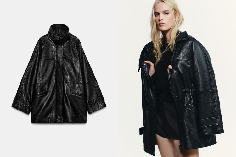 大廓形加上極簡騎士感路線，厚實紋理一看就很有存在感。高領設計可立可折，保暖又顯氣勢，袖口做了可調式袢帶，細節質感加分。