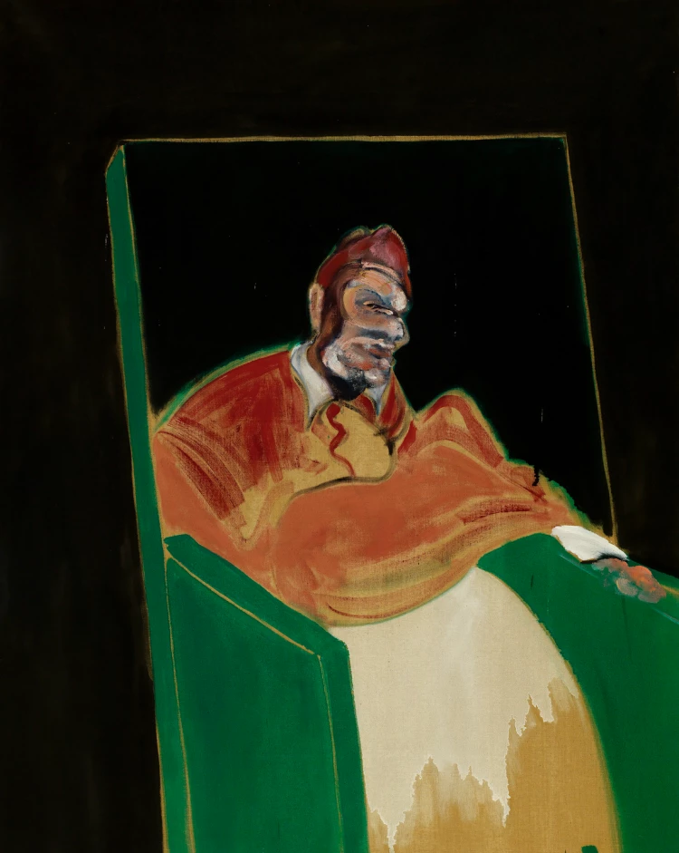 法蘭西斯・培根〈教宗習畫之六〉,1961,152.5 x 116.8 公分,油彩、畫布 © 2026 The Estate of Francis Bacon. All rights reserved. DACS。以扭曲、變形的人物形象與強烈的筆觸,重新詮釋古典宗教肖像,藉此表達人類內在的不安、焦慮與精神張力。