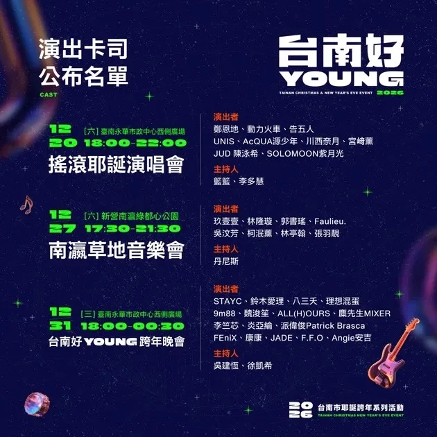 台南年末完全沒有要輸！近日公佈將於 12/20、12/27、12/31 三天舉辦三場大型演唱會，其中跨年夜以「台南好 Young 跨年演唱會」為主題，邀來台、港、日、韓的超強組合齊聚，包含韓國「全能型」女團 STAYC 及新生代人氣男團 ALL(H)OURS、「日劇女神」鈴木愛理、香港「混血男神」魏浚笙，以及八三夭、理想混蛋、9m88、麋先生、李竺芯、炎亞綸、FEniX...等台灣組合。