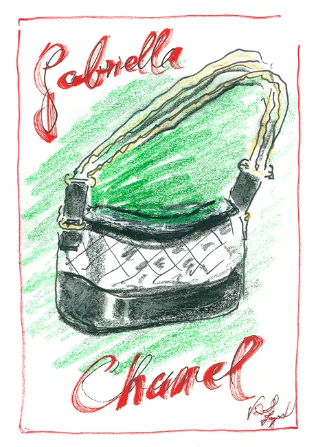 由品牌全創意總監Karl Lagerfeld手繪GABRIELLE de CHANEL包的彩圖草稿。