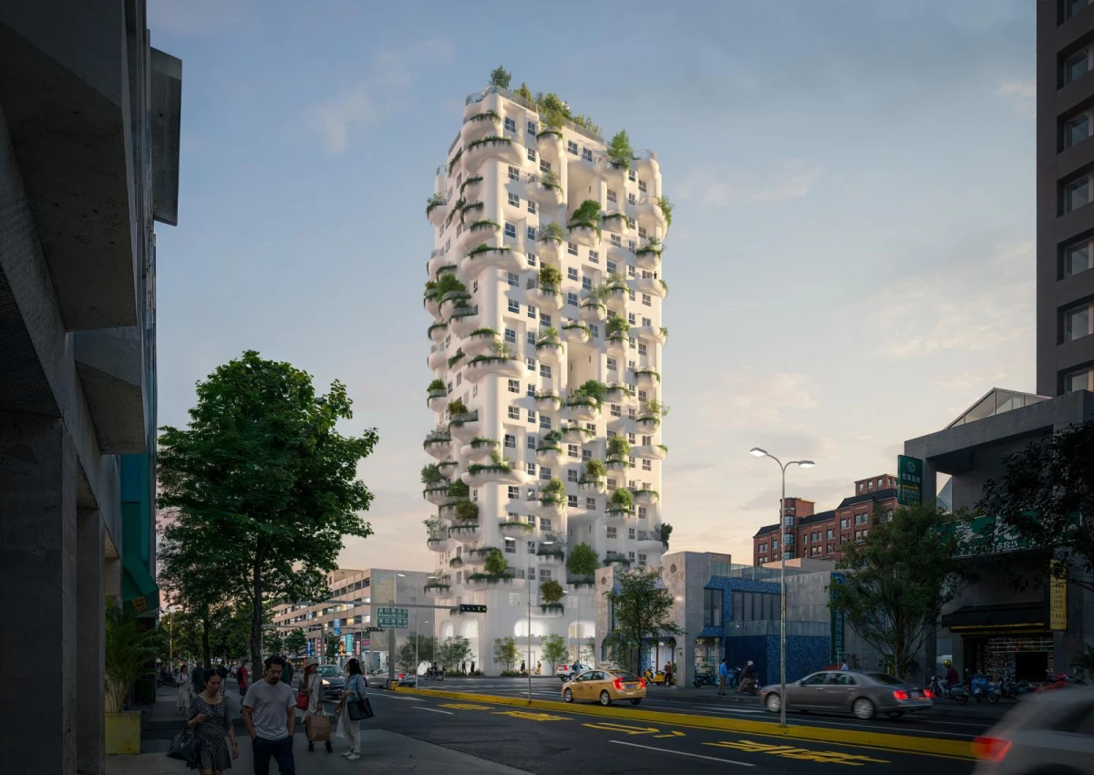 由荷蘭知名建築團隊 MVRDV 打造的高樓新地標「嶼 76 The Island」，以獨特的有機曲線、滿布綠意的立面設計，成為當前討論度最高的指標建案之一。高達 21 層的住宅大樓，成為台中高樓新地標之一，攜手誠邑築建設，預計 2030 年完工。值得一提的是，該建案的接待中心也成為另一幅美景，延續 MVRDV 的設計語彙，揉入極簡純白、雕塑般的柔和曲線面料。