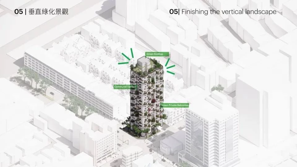 值得注意的是,其立面的設計靈感取自於西班牙建築大師「高第」Antoni Gaudí(安東尼·高第),擷取不規則陶瓷馬賽克磚的表面裝飾,將其揉入於立面設計上,同時增加戶外空間與綠化,頂樓同時設有共享花園露台,環繞著分層綠冠,其內部為住戶提供多功能共享空間,營造開闊的氛圍。