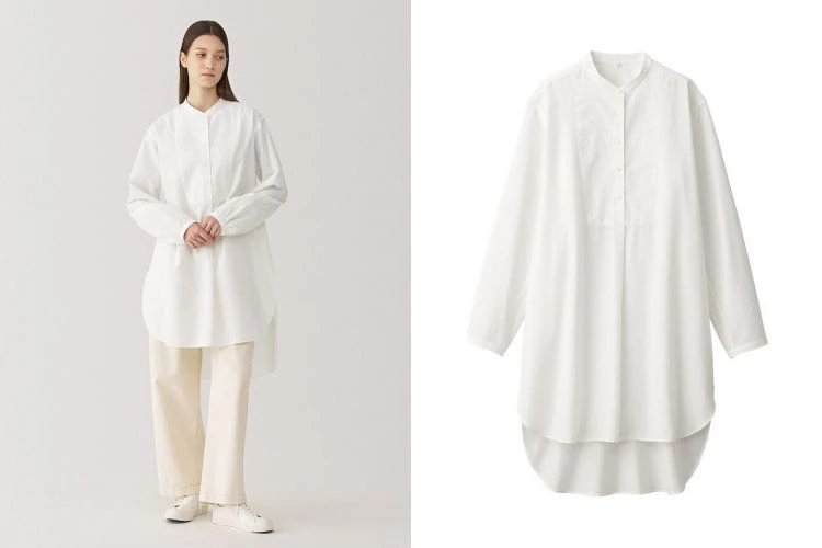 Muji Labo這款長版白襯衫以蠶絲材質製作,布料貼膚時帶來細緻順滑的觸感,彷彿在肌膚間輕盈流動。