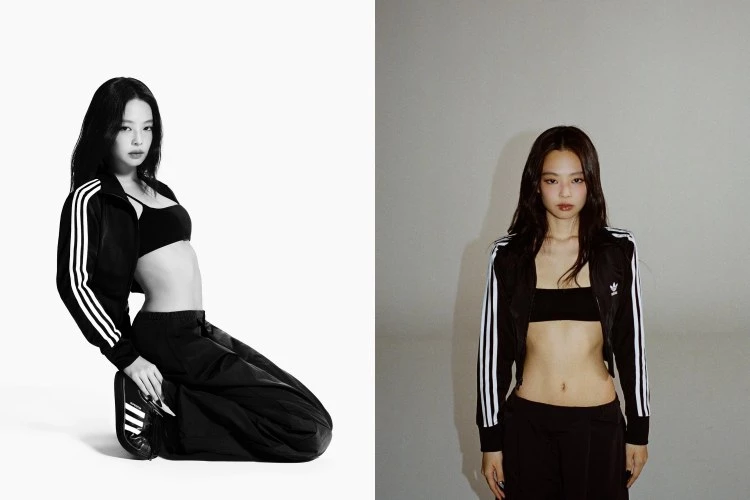 Jennie以一身All Black運動套裝詮釋出俐落又性感的運動時尚，身穿經典Adidas Firebird三線運動外套與寬版長褲，內搭極簡Bra Top展露腰線與身形比例。