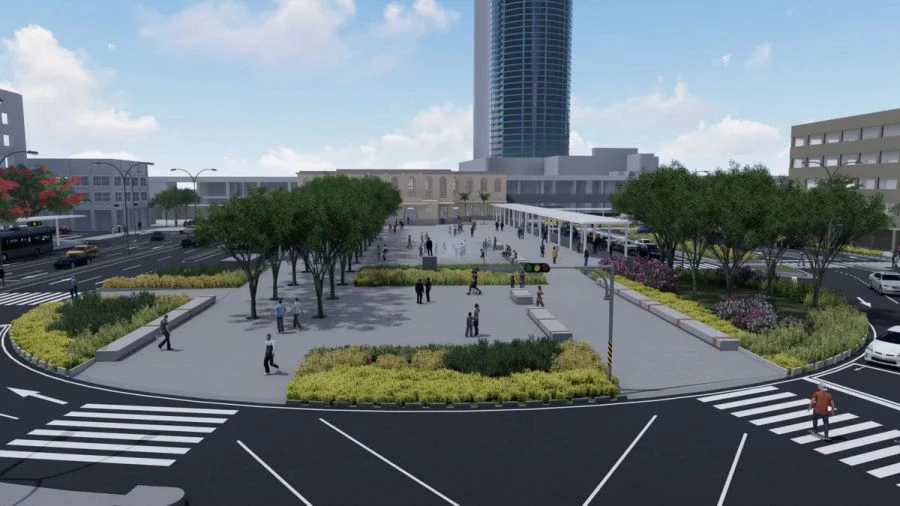 除了車站本體,站前廣場也將同步改建。不同於過去的大圓環造型,未來將改為 「U 型」直通大道式廣場,有助改善複雜繁忙的交通動線並導入大量綠意。乘客出站後,可直接步行至站前廣場。兩側規劃汽車、機車接送區、公車站與計程車站,進一步提升便利性,預計 2027 年完工。