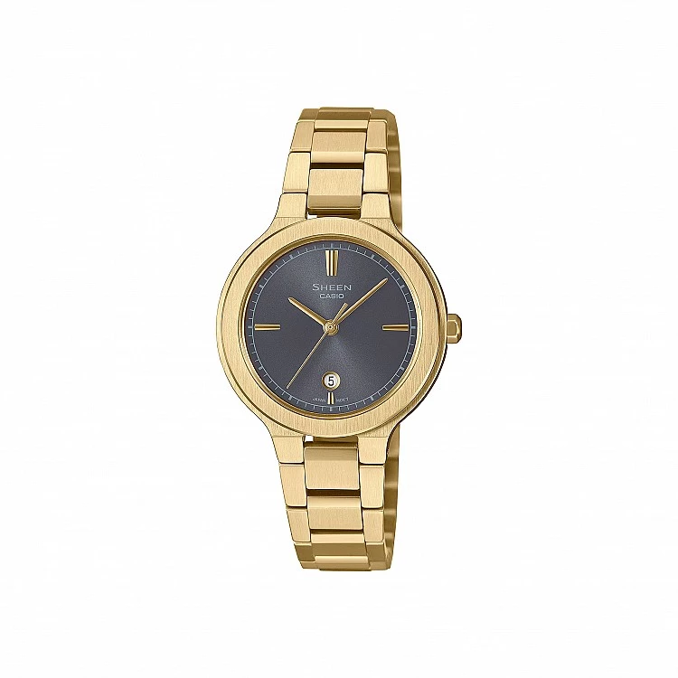 Sheen 是 Casio 專為女性打造的時尚系列，這款 SHE-4559G-8A 以灰金撞色打造出如時裝伸展台般的都會感。六點鐘的小日期窗與抗刮藍寶石玻璃，讓實用功能與設計兼備。