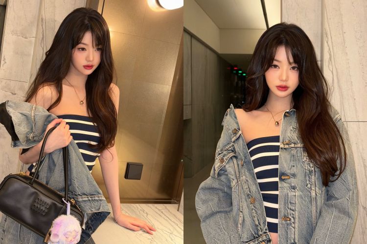 張員瑛以海軍藍條紋短版上衣搭配復古刷色牛仔褲，合身剪裁勾勒纖細曲線，條紋元素帶出俏麗與清爽氣息。