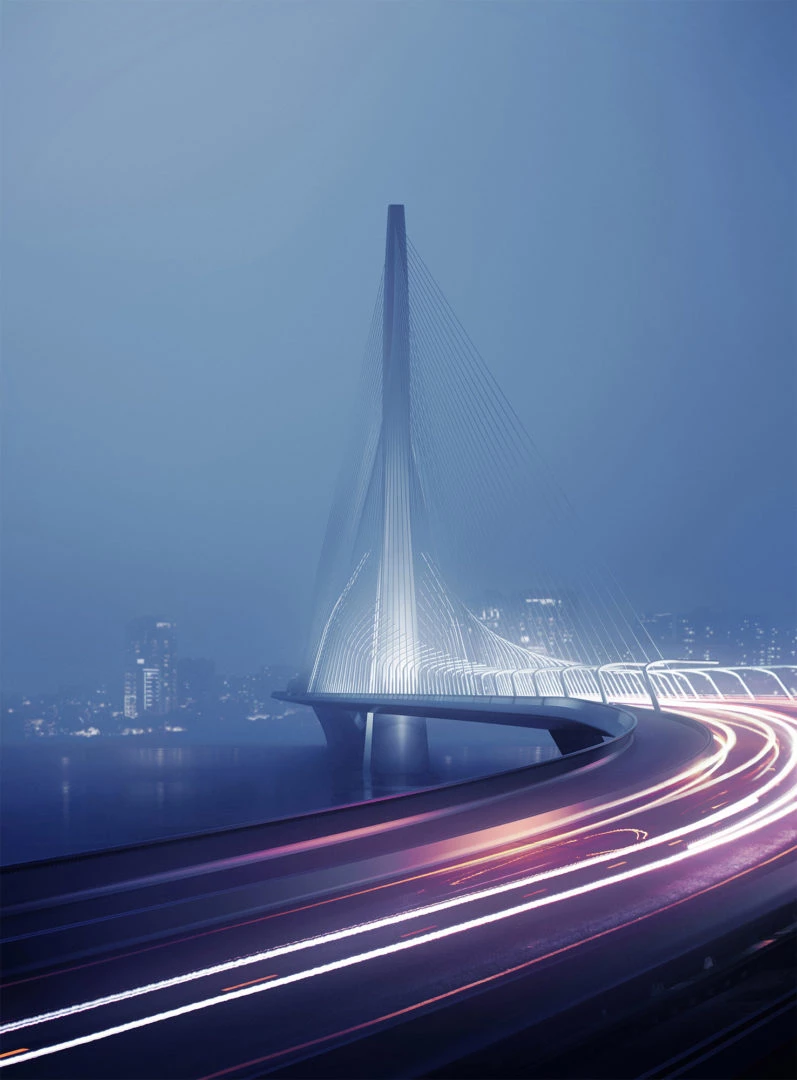 在設計理念上,除了承襲 Zaha Hadid 標誌性的弧線語彙,也揉入了台灣現代舞蹈表演團體「雲門舞集」的曼妙舞姿意象。透過柔和的曲線形塑,輕化整體視覺感受,降低量體的厚重感。此外,主橋塔的「雙手合十」輪廓轉譯,傳遞「祈福」之意,象徵著台灣對文化與信仰的重視與包容,也避免建築過度遮擋自然景觀,反而襯托出美麗山水。