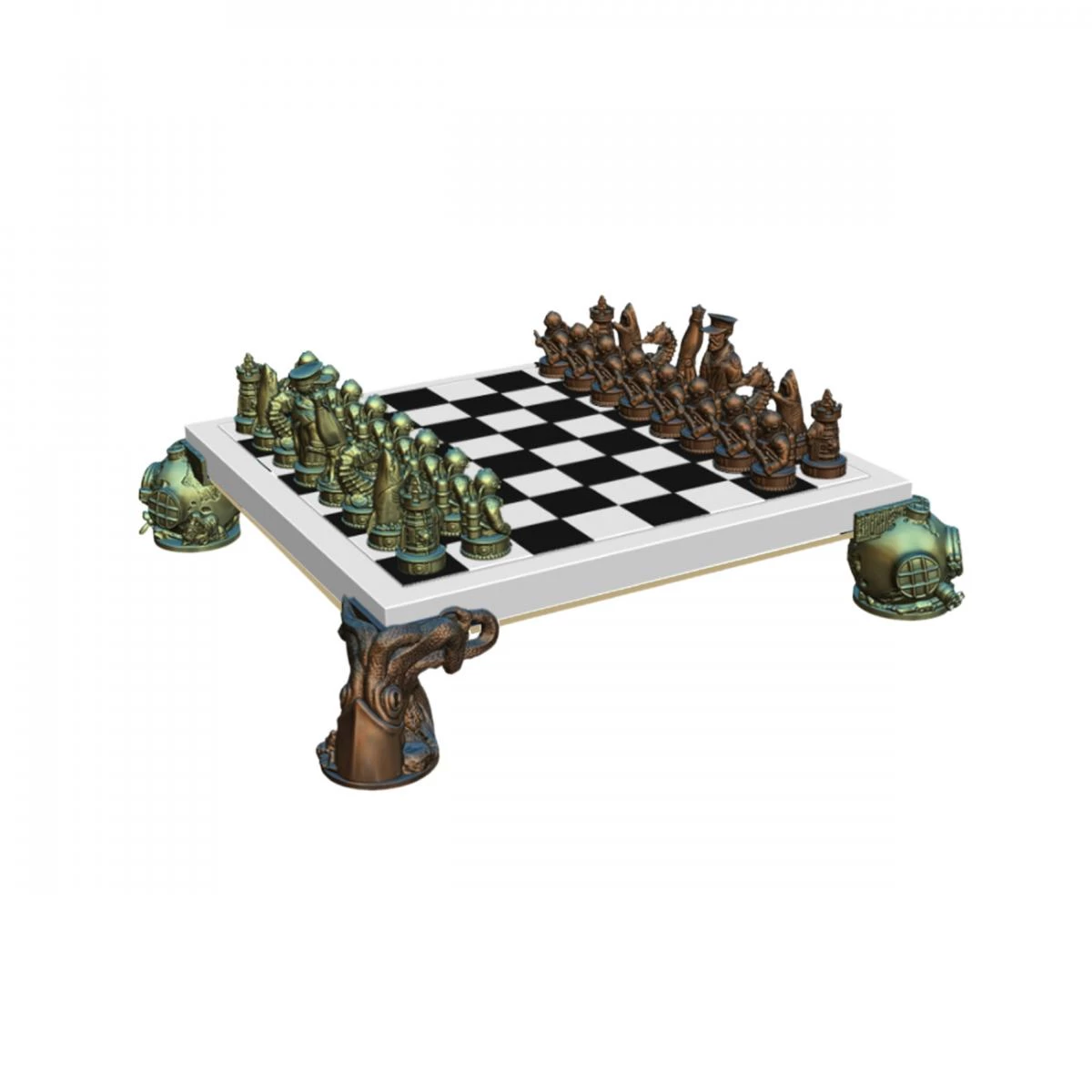 S.T. Dupont 以凡爾納《海底兩萬哩》(Mobilis in Mobile)為靈感,打造大理石棋盤組:黑白棋盤架於潛水頭盔、巨型烏賊觸腕等金屬雕飾之上,棋子化身尼莫船長、潛水員與深海生物,細節以紅銅、古銅工藝呈現。整組作品宛如把整片海底世界濃縮在棋盤上,是結合文學想像與珠寶級金工的收藏級藝術品。
