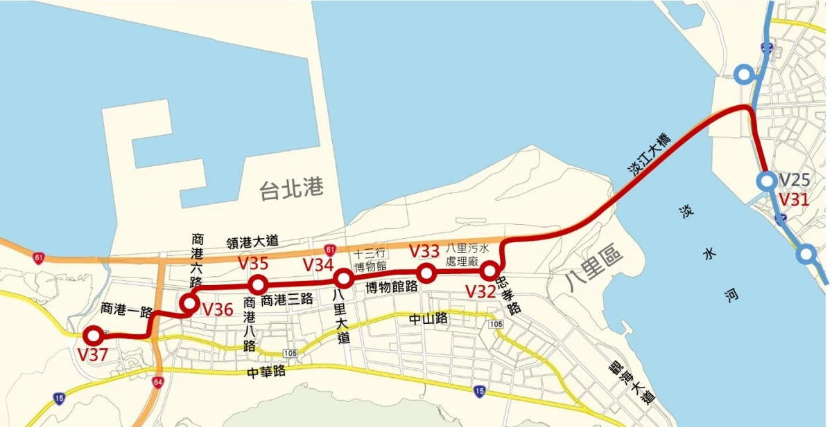除了淡海輕軌第二期,政府也規劃了「八里輕軌」,以串連淡水、八里地區,連結台北港與淡水新市鎮。路線起於淡海輕軌第二期 V25 站,共用淡海輕軌第二期路線,續行至中正/沙崙路口後左轉,經由淡江大橋跨越淡水河,隨八里端匝道轉入博物館路,行經十三行博物館,沿商港三路、商港一路,經台 64 線後轉入中山路三段設置終點站。全線長度約 6 公里,設有 7 座車站,打造淡水—八里一日觀光廊帶。