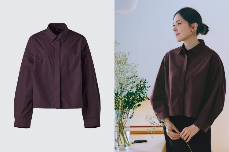 Uniqlo C系列短版襯衫採用輕盈卻挺括的府綢面料，兼具透氣與支撐結構感。短版剪裁自然修飾腰線，讓比例瞬間拉長，展現顯瘦效果。寬