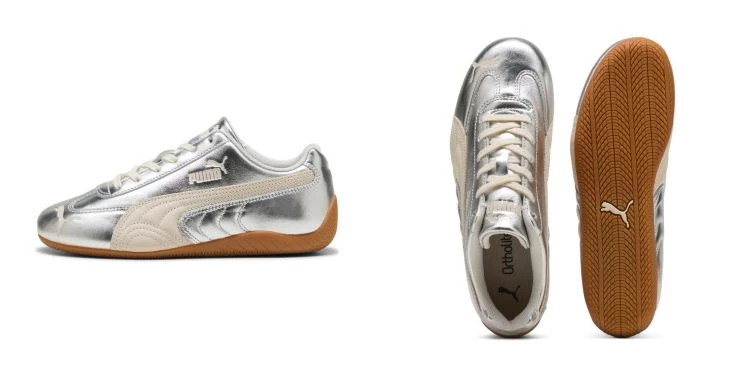 Puma Speedcat最初源自賽車鞋設計,低鞋身與薄底結構強調貼地腳感與靈活度。這款 Silver Wns以金屬感銀色皮革打造鞋面,搭配流線型側邊線條與經典膠底,運動語彙在亮面材質下轉化為造型亮點,也難怪成為Karencici上腳示範的話題鞋款!
