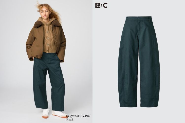 這款來自Uniqlo : C系列的繭型九分褲，相對寬大的版型讓這件褲子一穿上就自帶氣場，線條蓬而不亂，走動時還會帶出微幅搖曳的量感。