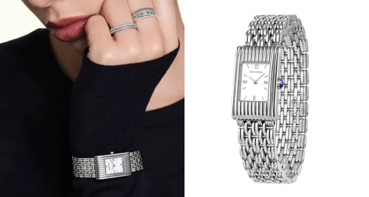 出自巴黎凡登廣場名門的Boucheron「Reflet」系列正是其中的翹楚。歷經70多年依然風采不減，「Reflet」腕錶完美呼應了1920年代盛行的Art Deco裝飾美學，將當時追求幾何對稱與線條簡潔的設計精神融入其中。其標誌性的「Godron直線刻紋」低調卻細膩地點綴錶殼，為整體增添了優雅質感與細節層次。