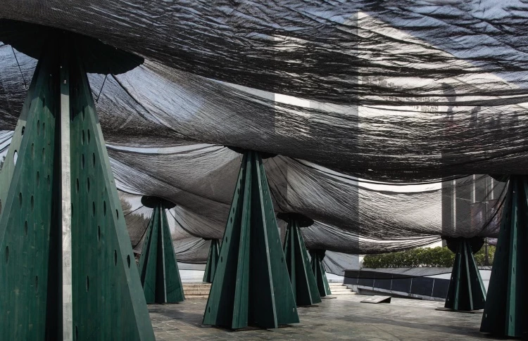2024年X-site 《林木林》坐落於北美館前的戶外廣場,環境主要以青色的蛇紋岩板鋪就而成,被周邊繁雜的交通網絡與人造景觀所圍繞,並夾雜著零星的自然。