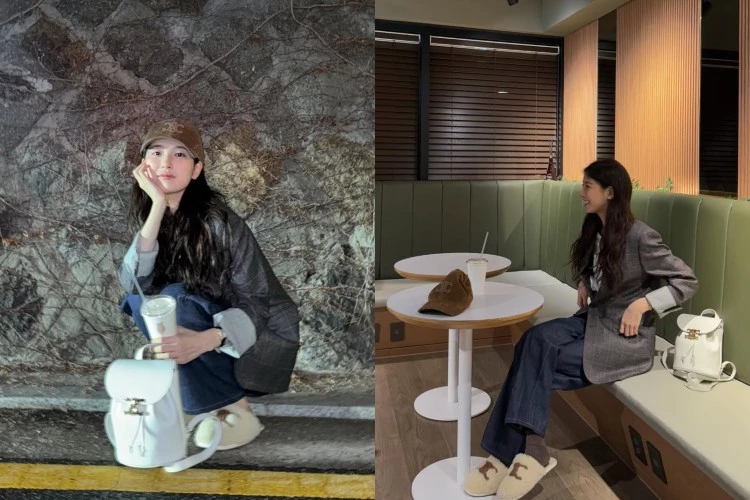 如果喜歡學院風格的女孩們，不妨參考秀智這套穿搭。她以灰色格紋西裝外套搭配深藍牛仔褲，將正式與休閒融合出一種不經意的高級感。