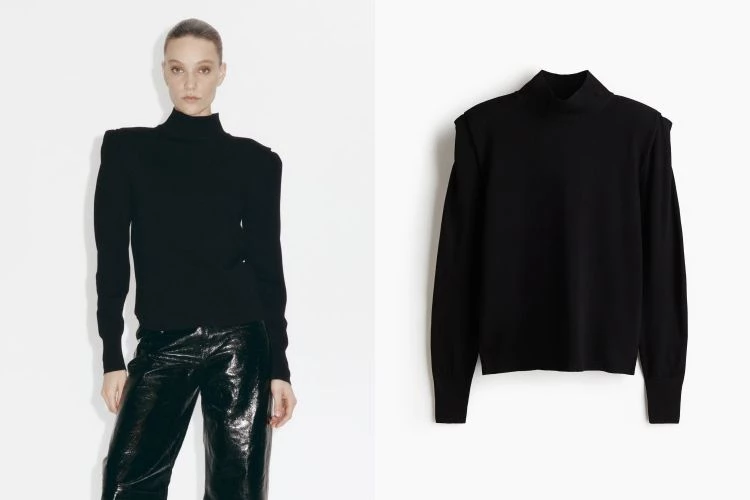 H&M高領毛衣以合身剪裁設計,透過肩部抓褶細節巧妙撐出立體線條,讓簡約黑色多了結構感。高領設計修飾頸部比例,羅紋袖口與下襬自然收邊,整體線條乾淨有力。
