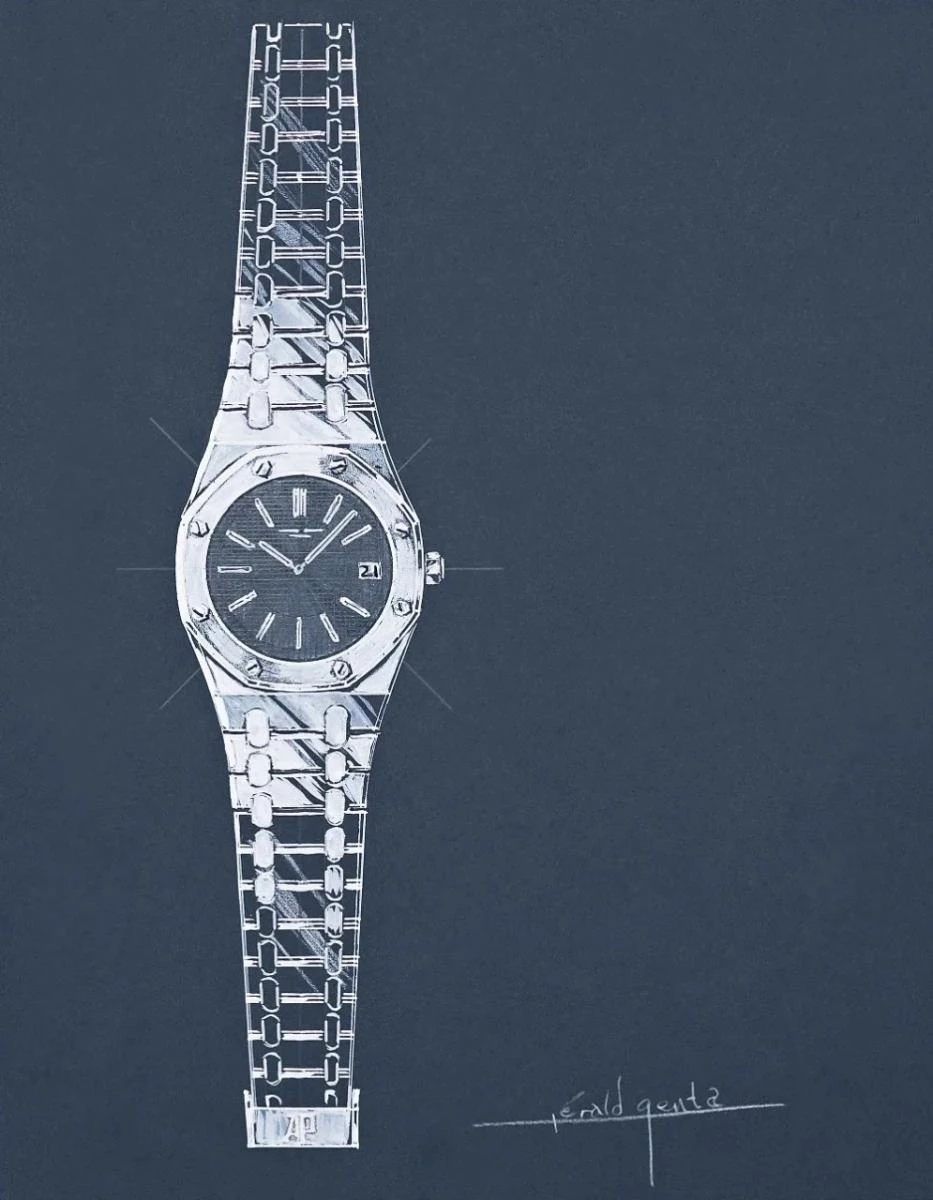 應 Audemars Piguet 愛彼之邀,設計師 Gérald Genta 於1970年4月10日至11日夜間,以不透明水彩和鉛筆,於硬紙板上繪製了皇家橡樹腕錶的第一幅草圖,其中已包含了腕錶的所有基本特徵。© Gérald Genta Heritage Association.