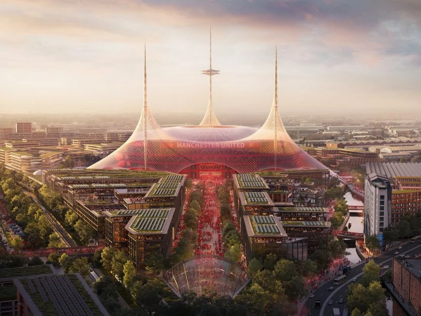 英國將迎來最大的足球場,命名為 曼徹斯特聯足球場(Manchester United Stadium),由建築事務所 Foster + Partners(福斯特建築事務所)設計。這是一座全新的 10 萬座位主場,整座球場將被一頂由 三根桅杆支撐的巨大帳篷包覆,對於體育場建設而言,是非常重要的一年。