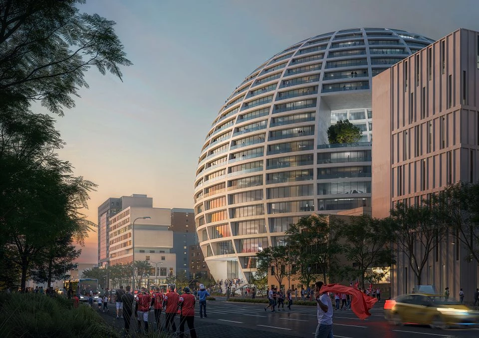 由荷蘭建築事務所 MVRDV 設計,將在阿爾巴尼亞首都地拉那(Tirana)打造一座直徑 100 公尺的球體建築,內部為體育館。今年在地拉那揭曉的多項雄心勃勃建築計畫中,其他參與的國際知名建築事務所還包括 Bofill Taller de Arquitectura 與 OMA。