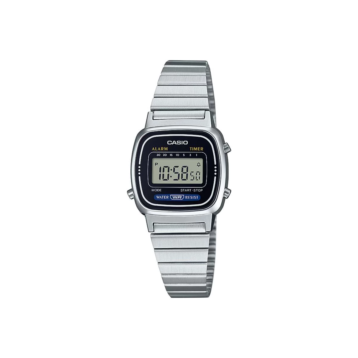 Casio LA670WA-1 是那種不需要解釋的存在。復古數位錶殼比例小巧,30.3 × 24.6 毫米的尺寸貼合手腕,不鏽鋼錶帶與可調式錶扣,讓配戴穩定且實用。鬧鈴、整點報時、倒數定時器等功能一應俱全,生活防水也足以應付日常情境。它的魅力在於極高的性價比,在千元不到的價格帶,提供完整功能與耐用度,沒有多餘裝飾,卻能自然融入各種穿搭。無論是極簡風、復古風,或只是需要一只隨手可戴、不必顧慮的腕錶,這款都能勝任,難怪長年維持高人氣。