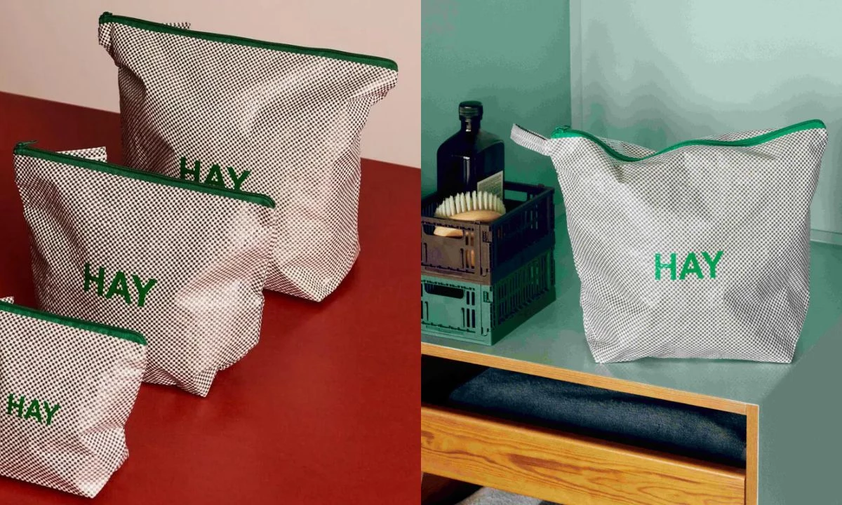 台灣 HAY 第三名熱銷商品為收納袋三件組(Candy Mono Wash Bag - Wash),採用 80% 再生塑膠製成,具備耐用與防水特性,是收納化妝品、盥洗用品或隨身小物的理想選擇。搭配 HAY logo 與拉鍊設計,可防止小物受潮,並提供三種尺寸組合,滿足多種使用需求,定價:NTD. 1,200。