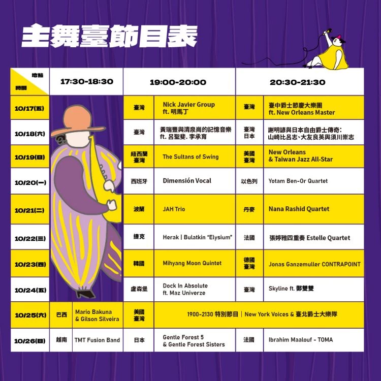 值得注意的是,台中爵士音樂節最後兩天 10 月 25 日(六)、10 月 26 日(日),將延長演出時間,從下午五點半開始,就會有精彩的演出,讓喜歡爵士的人能提早入場聆聽,為一年一度的音樂盛會,劃下精彩的尾聲。