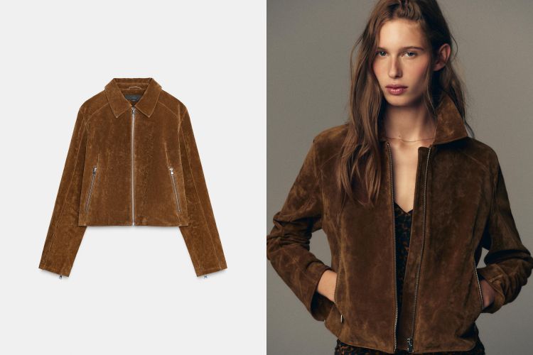 霧面麂皮般的柔滑質地與自然霧光，短版比例讓身形更顯利落，翻領＋拉鍊設計則保留經典騎士外套的帥氣元素。