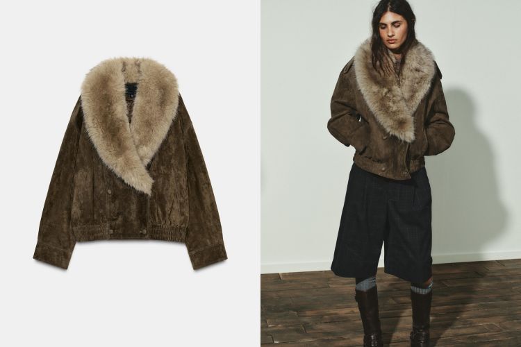 表面帶細膩絨感與天然紋理，視覺沉穩卻有深度。缺角翻領搭配可拆式人造毛飾邊，可依造型與天氣切換，展現不同層次。