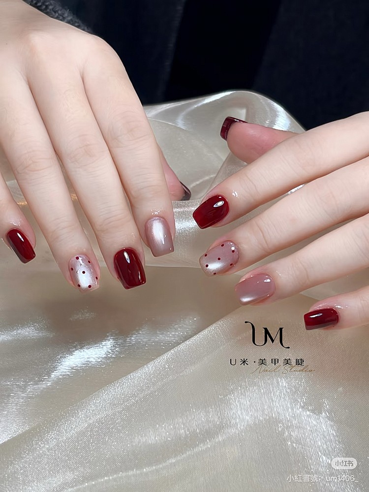 紅色貓眼光療美甲5：晶透波點
